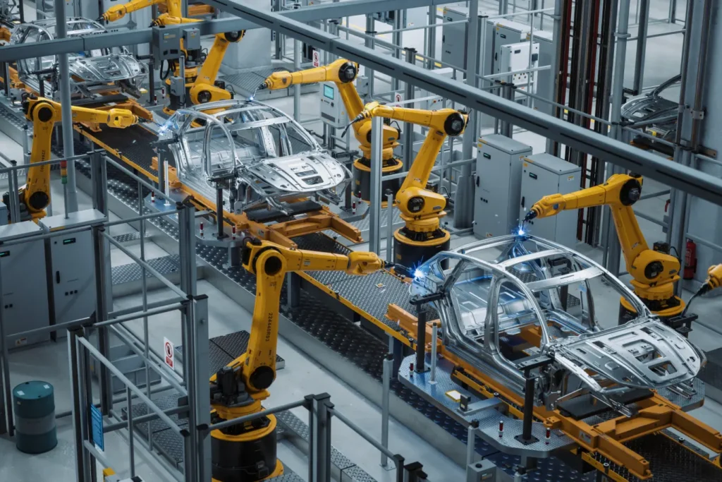 Cars being built on an automotive assembly line